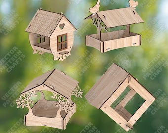 Laser cut bird feeder house 4 bundle svg cutting file Glowforge birdhouse svg cricut Bird nest dxf cnc vector pattern Birdhouse laser file