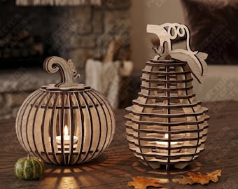 2 Halloween Pumpkin Lantern Laser Cut SVG  Fall Autumn Candle Holder