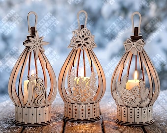 3 Christmas Candle Lantern SVG Laser Cut Religious Floral Tealight Holder