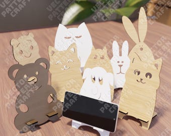 5 Animal Phone Stand SVG Laser Cut Cat Bear Bunny Cat Desk Holder