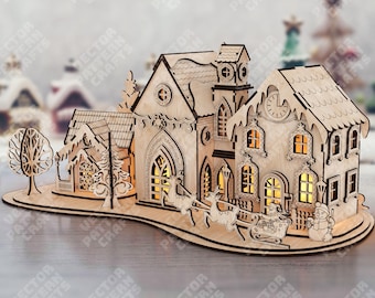 Decoración de casa de Papá Noel en pueblo navideño, archivo cortado con láser SVG, plantilla SVG de casa de Navidad Glowforge, plantilla DXF de miniaturas de Papá Noel navideño