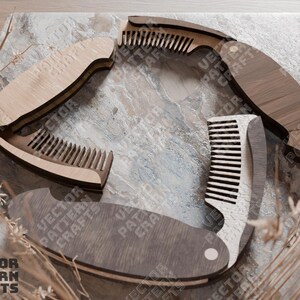 May include: Three wooden combs with a natural wood grain finish. The combs are folded and have a handle on one side. The combs are on a textured surface.