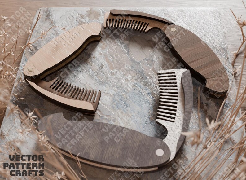 May include: Three wooden combs with a natural wood grain finish. The combs are folded and have a handle on one side. The combs are on a textured surface.