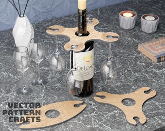 3 Wine Glass Holder SVG Laser Cut Caddy Butler Bottle Topper