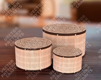 3 cajas redondas de madera con corte láser SVG, bisagra Living, para guardar joyas y regalos.