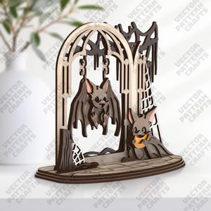 Halloween bat on a swing 3D decor laser cut svg file Glowforge halloween bat decor svg Halloween bat dxf template Halloween laser cut file