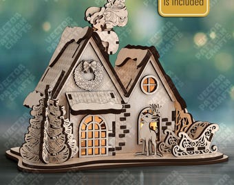 Christmas House Tealight Candle Holder SVG Laser Cut 3D Santa Village Lantern