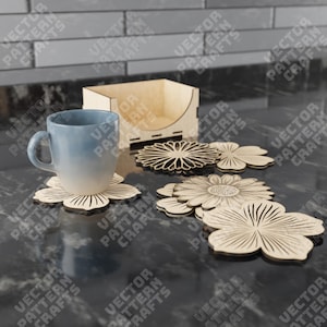 Bloemen onderzetters houder 6 pack lasergesneden svg-bestand Glowforge onderzetters houder set svg cricut Onderzetters houder dxf cnc vector Onderzetters lasergesneden