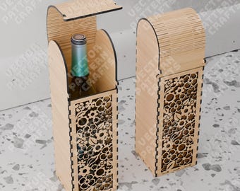 Puede incluir: Dos cajas de madera para botellas de vino con recortes florales. Una caja está abierta, revelando una botella de vino en su interior. Las cajas son de madera clara y tienen un diseño decorativo. Diseñadas para una botella de vino estándar.