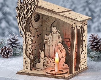Nativity Scene Candle Holder Laser Cut SVG Stone Shed Stable Lantern