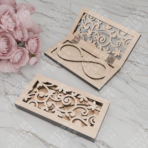 結婚指輪ボックスケースレーザーカットSVGファイルGlowforgeウェディングハートリングSVG結婚指輪ホルダーDXF CNCベクターパターンレーザーファイル