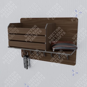 Estante de pared con llavero cortado con láser, archivo svg Estante de pared Glowforge cortado con láser, organizador de estantes, patrón vectorial cnc dxf, archivo láser para estantes