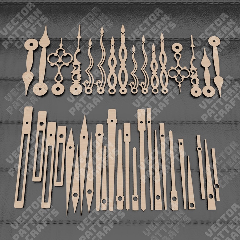 May include: A set of 36 laser cut clock hands in various styles and sizes, made of wood. The hands are arranged in two rows, with the larger hands on top and the smaller hands on the bottom.