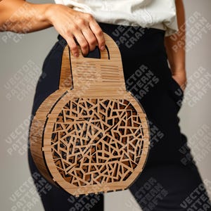 Bolso de mano de madera para mujer, archivo svg cortado con láser Bolso de mano Glowforge svg cricut Bolso de mano decorativo patrón vectorial dxf cnc Archivo de corte láser para bolso de mano