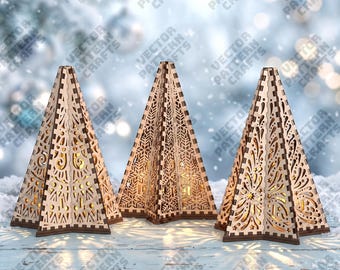 3 Portavelas de árbol de Navidad SVG Cortado con láser Farol de pie para velas pequeñas