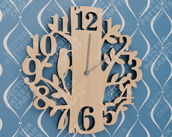 Vogel boom klok SVG lasergesneden muur uurwerk tak natuur decor
