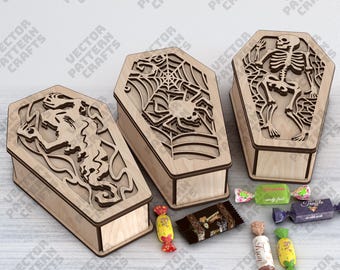 3 cajas de Halloween con forma de ataúd, diseño SVG cortado con láser, ideal para dulces, golosinas, murciélagos y esqueletos. Decoración espeluznante.