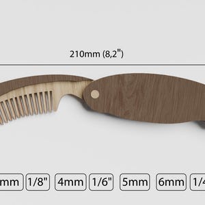 May include: A wooden folding comb with a brown handle and a natural wood comb. The comb is 210mm long and 40.7mm wide. The comb has a measurement guide with the following measurements: 3mm, 1/8", 4mm, 1/6", 5mm, 6mm, 1/4".