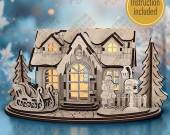 3D Christmas House Lantern SVG Laser Cut Candle Holder Village Winter Decor
