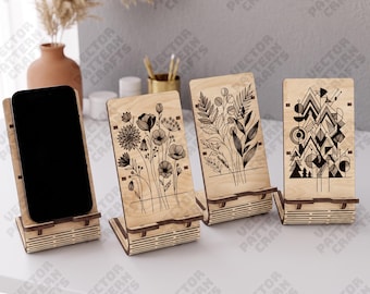 3 Supporti per telefono Taglio laser SVG Decorazione da scrivania floreale botanica geometrica