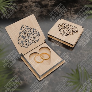 木製の結婚指輪ボックスケース SVG レーザーカット ファイル Glowforge リング用ウェディング ハート SVG 結婚指輪ホルダー DXF CNC ベクトル パターン レーザー ファイル