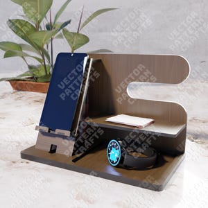 Holz Dockingstation Laserschnitt svg datei Glowforge Dockingstation svg Ladedock Station Dxf Cnc Vektormuster Schreibtisch Organizer Laserschnitt