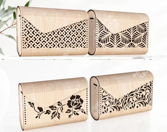 木製クラッチバッグ4個セット SVG レーザーカット 花柄ハンドバッグ 幾何学模様バッグ