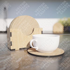 Posavasos redondos de madera, caja cortada con láser, archivo SVG, juego de soportes para posavasos Glowforge, SVG, Cricut, patrón vectorial CNC DXF para posavasos