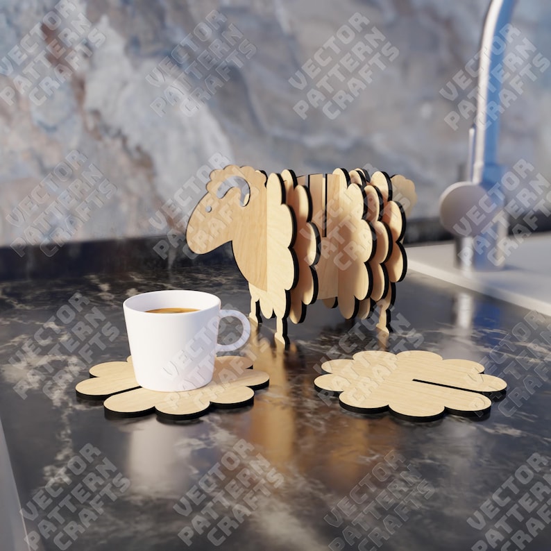 May include: A wooden sheep-shaped coaster set with a white ceramic mug on a flower-shaped coaster. The coasters are made of light brown wood and have a detailed design.