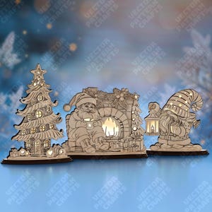 以下が含まれることがあります： レーザーカットされた木製のクリスマス装飾。ツリー、暖炉のそばのサンタクロース、ランタンを持ったノームが含まれています。詳細なデザインは照らされており、暖かくお祝いのホリデーの雰囲気を作り出しています。