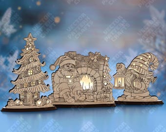 クリスマススタンドランプ3個 SVG レーザーカット 多層構造 ライト付き サンタツリー ノーム
