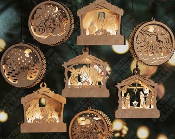 8つのキリスト降誕オーナメントSVGレーザーカット3Dクリスマス聖家族馬小屋宗教装飾