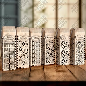 Dekorative Geschenk Flasche Wein Box 6 Bündel Laserschnitt svg Datei Glowforge hölzerne Weinflasche Box svg Cricut Flasche Wein Box Dxf Vektor-Muster