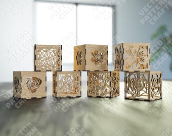 Floral candle holder 7 bundle laser cut svg file Glowforge wooden flowers table lamp set svg cricut Decorative Table lantern dxf cnc vector