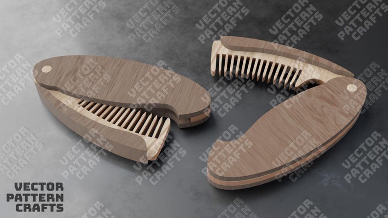 May include: A wooden comb with a folding design. The comb is made of light brown wood and has a natural wood grain. The comb is closed and folded in half, with the teeth of the comb visible.