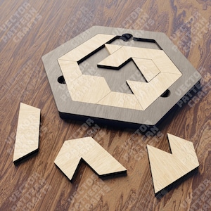 Archivo svg cortado con láser de rompecabezas hexagonal de madera Glowforge para niños Montessori rompecabezas svg cricut Patrón vectorial cnc de rompecabezas educativo geométrico dxf