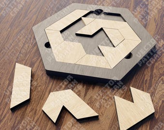 Rompecabezas hexagonal de madera cortado con láser, archivo SVG, rompecabezas Montessori para niños Glowforge, SVG, Cricut, rompecabezas educativo geométrico, patrón vectorial CNC, DXF