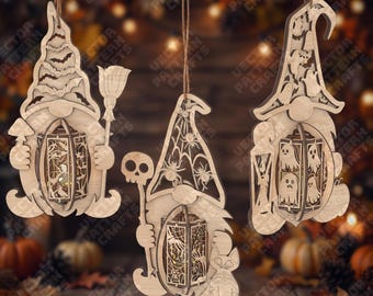 3 Halloween Gnome Lantern SVG Laser Cut Tealight Holder
