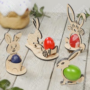 Paquete de 4 portahuevos de conejito de Pascua, archivo cortado con láser svg, organizador de portahuevos de Pascua de madera Glowforge svg, cricut, portahuevos de Pascua dxf cnc vector
