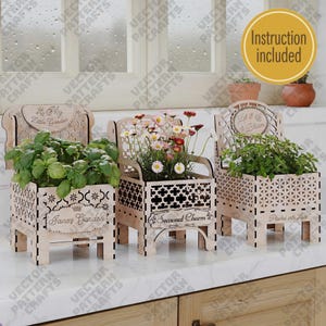 3 Chair flowers basket laser cut svg file Glowforge decorative flowers pot svg template Flowers basket dxf cnc Basket laser file