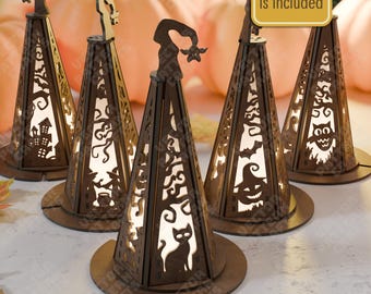 3 Halloween Witch Hat Lantern SVG Laser Cut Tealight Spooky Candle Holder