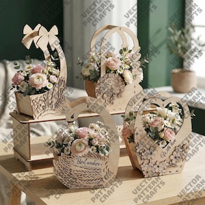 May include: A collection of wooden flower baskets in various shapes, including a swan, heart, and rectangular designs. Each basket is filled with pink and white flowers. Some baskets have decorative cutouts and the phrases "Best wishes" and "With love".