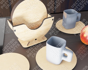 6 Coasters Holder SVG Laser Cut Wooden Round Drink Coaster Set Kitchen Decor