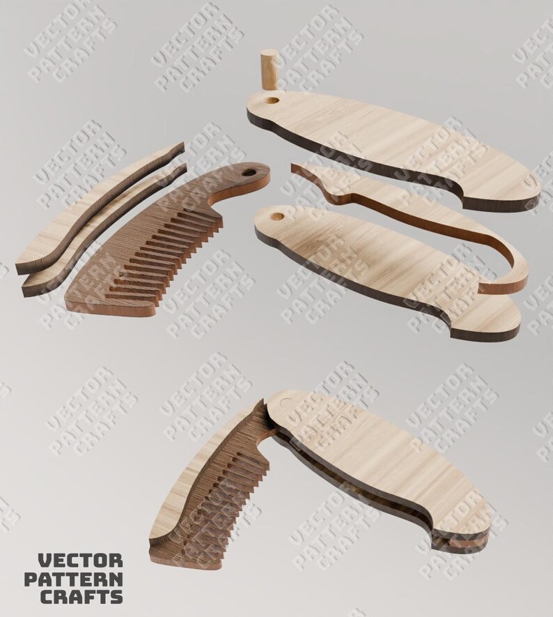 May include: A wooden comb with a handle that folds out to reveal a second comb. The comb is made of light brown wood with a natural grain pattern. The comb is a craft project that can be cut out using a laser cutter.