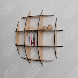 May include: A wooden globe-shaped shelf unit with black accents. The shelf has multiple compartments and is mounted on a wall. The shelf is decorated with books and decorative items.