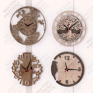 Reloj de pared decorativo, paquete de 4, archivo SVG cortado con láser, reloj de pared de madera Glowforge, SVG, Cricut, números de reloj de pared, DXF, CNC, plantilla de reloj de pared