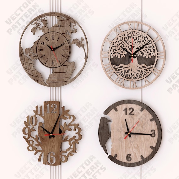4 Wall Clock SVG Laser Cut Tree Map Bird Multilayer Home Decor
