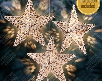 3 Christmas Star Lantern Laser Cut SVG Lace Hanging Ornament