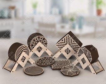 4 Coasters Holder SVG Laser Cut Geometric Drink Mat Modern Kitchen Decor