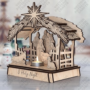 File svg di miniature di presepi tagliate al laser Glowforge 3D Nativity House portacandele svg Modello dxf di casa della natività File laser di Natale